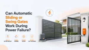 Automatic sliding and swing gate system with battery backup support during power failure at a modern residential entrance