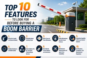 Infographic showing the top 10 features to look for before buying a boom barrier, including boom arm quality, operating speed, motor type, safety features, access control integration, weather resistance, power options, automation controls, maintenance, and certifications, alongside a modern automatic boom barrier installed at a secure entry gate