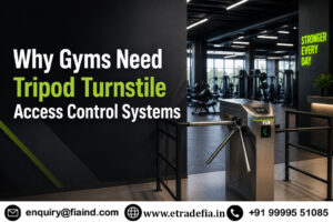 Modern gym entrance with tripod turnstile access control system for secure member entry management and fitness center access automation.