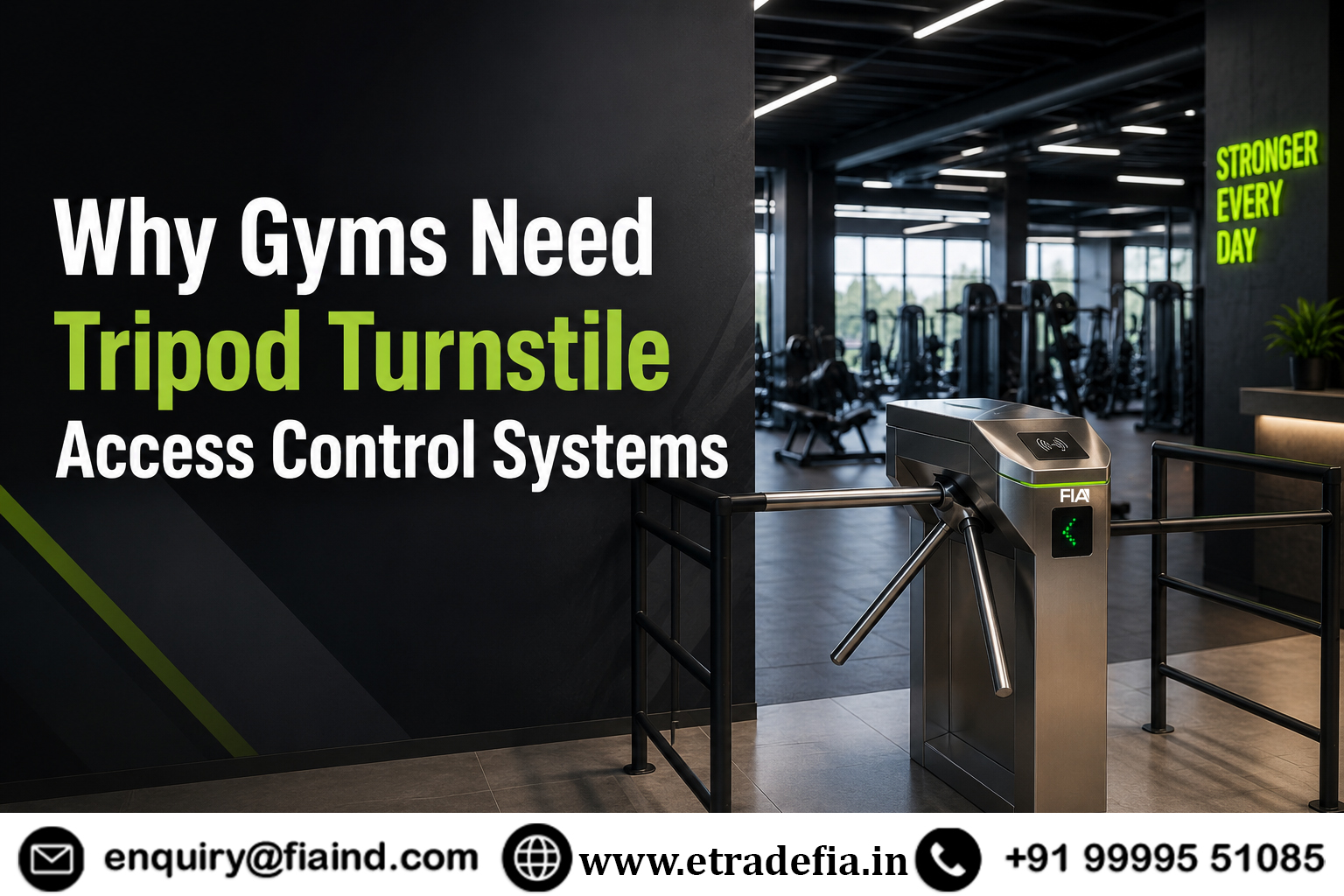 Modern gym entrance with tripod turnstile access control system for secure member entry management and fitness center access automation.